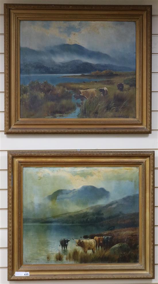 H. Hadfield Cubley, pair of oils on canvas, Highland cattle watering 50 x 60cm